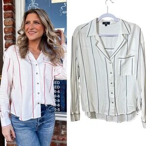 NWOT Velvet Heart Lyla Long Sleeve Linen Blend Black Striped Button Down Large